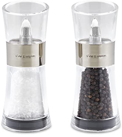 Cole & Mason Flip 180 Chrome Salt and Pepper Mill Set, Adjustable Coarseness, Ceramic Mechanism, Acrylic, 154 mm, Filled Salt and Pepper Grinders