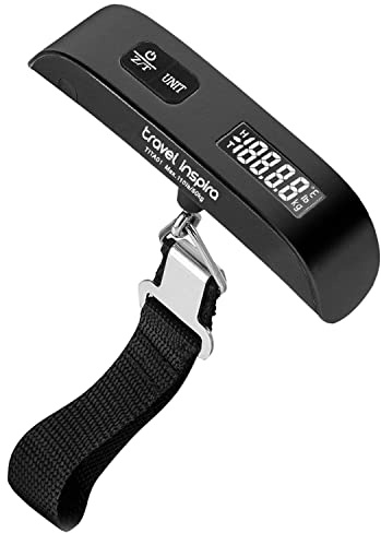 travel inspira Báscula para Maletas de Viaje Portátil, Pesa de Equipaje Mano con Función Tara y Sensor Temperatura, Gadgets y Accesorios Esenciales, Capacidad 50kg/110lb (Negro)