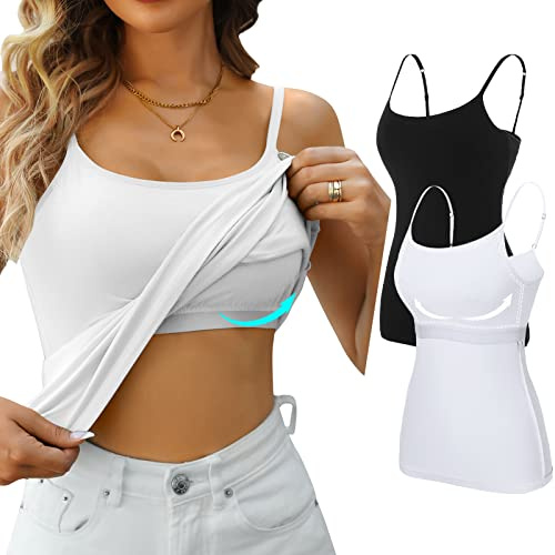 V FOR CITY Cotton Tank Top for Women with Built-in Shelf Bra Camisole Adjustable Strap Cami Shirt 2 Pack Black White L
