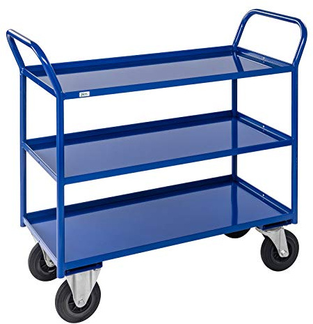 Lagerino | Tischwagen KM41 | 3 Etagen mit Aufkantung | LxBxH 1070 x 550 x 1000 mm | blau | 2 Lenk- und 2 Bockrollen