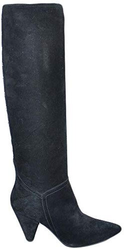 Stivale Donna Alto in Vera Pelle di Nubuk Nero con Borchie Dietro e Tacco Cono Zip Spazzolato a Mano camperos (36 EU)