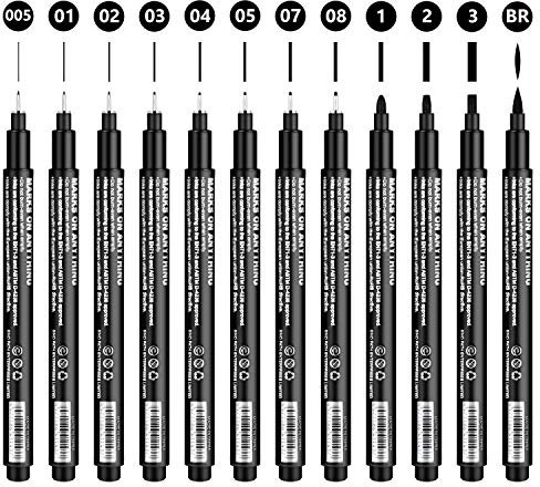Emooqi Fineliner Schwarz, Handlettering Stifte, 12 Lettering Stifte Set Fineliner Zum Skizzieren, Künstler Illustration, Tchnische Zeichnung, Office-Dokumente, Schwarz Stift, Holz