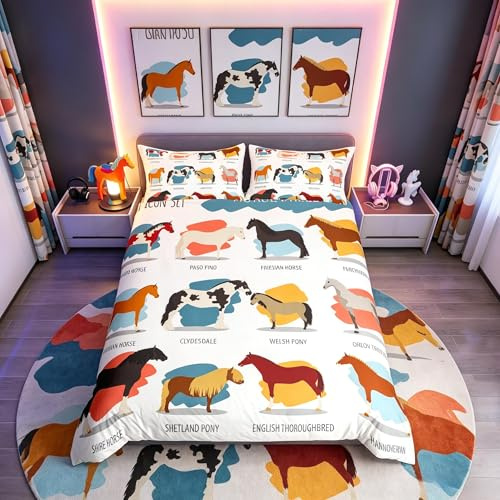 Loussiesd Horse Duvet Cover Cartoon Horses Bedding Set for Kids Boys Girls Teens Ultra Soft Wild Animal Pattern Comforter Cover Wildlife Style Decor Microfiber Single Size With 1 Pillow Case