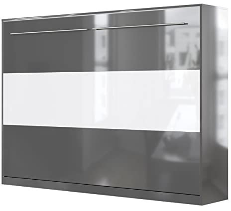SMARTBett Standard 90x200 120x200 140x200 160x200 | Schrankbett, Wandbett, Wandklappbett fürs Gästezimmer, Büro, Wohnzimmer, Schlafzimmer Anthrazit Hochglanz/Anthrazit & Weiss Hochglanz 140 Horizontal