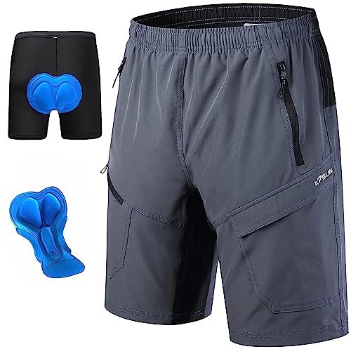Men's Mountain Bike Shorts 3D Padded Baggy Bicycle Riding Cycling Shorts Quick Dry Lightweight Biking Shorts(Grey S)