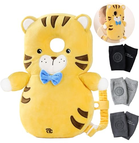 Feidoog 4-pack | Baby huvudskydd kudde ryggsäck med 3 baby knäskydd för promenader och krypning, för ålder 5-24 månader (tiger)