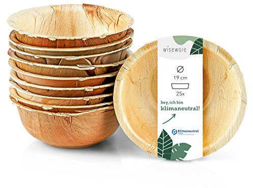 Wiseware Palmblatt Schale Ø 19 cm – 25 Stück Einweg-Schüssel rund 750ml – biologisch abbaubares Palmblattgeschirr – kompostierbares Partygeschirr – nachhaltiges Einweggeschirr