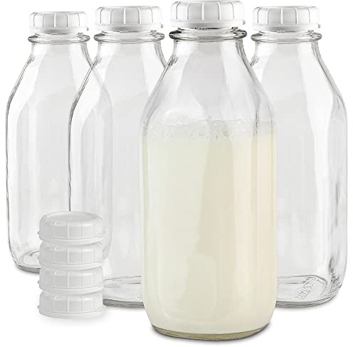 Stock Your Home Liter Glass Milk Bottle with Lid (4 Pack) 32 Oz Jugs and 8 White Caps, Reusable Food Grade Container for Refrigerator, Juice, Oat or Plant Milks, Water, Honey