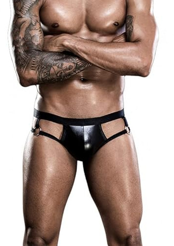 WHB Herren Leder Slips Lack glänzend Optik sexy Unterwäsche Reizwäsche Clubwear Slips aushöhlen Tanga Shorts Offene Hintern Wäsche Pants Kurz Hose metallring Dekoration Bikini Clubwear
