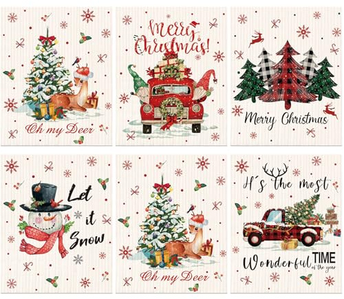 6 Pieces Christmas Swedish Kitchen Table Dishcloths Reusable Christmas Dish Towels Absorbent Cleaning Cloth Fast Dry Kitchen Dishcloth with Santa, Snowman, Christmas Tree, Deer for Kitchen Cleaning