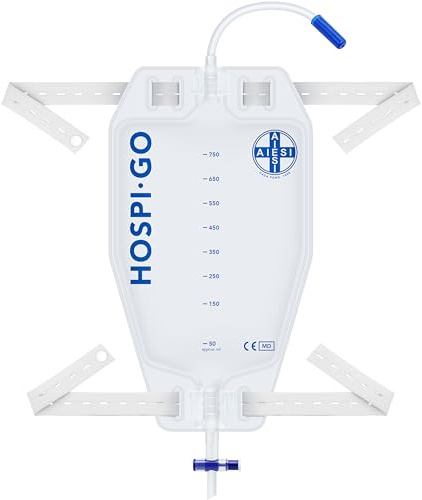 AIESI® Urinuppsamlingspåsar för ben, kapacitet 750 ml, 10 cm slang med T-format avtappningskran och anti-refluxventil HOSPI-GO (Förpackning med 50 stycken)