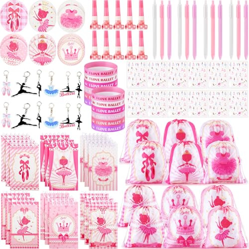 Yeaqee 100Pcs Ballerina Party Favors Include Ballet Drawstring Backpacks Silicone Bracelets Keychains Blowouts Small Spiral Notebook Retractable Ballpoint Pens Button Ballerina Sticker for Dance Party