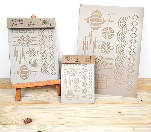 NAKLEO Pochoir pour Peinture Artisanat A5 15x21cm, Modèle en Plastique, Réutilisable, Ornement Chinois Géométrique, DIY Bricolage Scrapbooking Décoration a Peindre, Mur Sol Bois Tissu Meuble