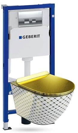 Lavita Duofix Basic Vorwandelement + Wand Tiefspül WC Sofi Slim Checked Gold Spülrandlos + WC Sitz + Bedienplatte Delta 25 Verchromt Knopf Komplettset Unterputz Spülkasten Toilette Komplett Sett WC