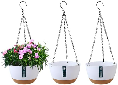 YuanDiann 3er Pack Hängende Blumentöpfe mit abnehmbarem Tablett, Selbstabsorbierende Hängepflanze Blumentopfkorb aus Kunststoff Außen Innen Blumenampel Haus Garten Balkon Dekoration Weiß 24.5cm