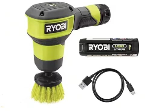 RYOBI Kit di pulizia compatto al litio USB con batteria da 2,0 Ah, cavo di ricarica USB e spazzola a setole medie da 2 pollici, verde