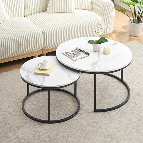 Ginhow Marmo effetto Tavolo Rotondo, Coffee Table cornice nera, Tavolino da Salotto Moderno, set di 2 pezzi da Tavolino Salotto Bianco