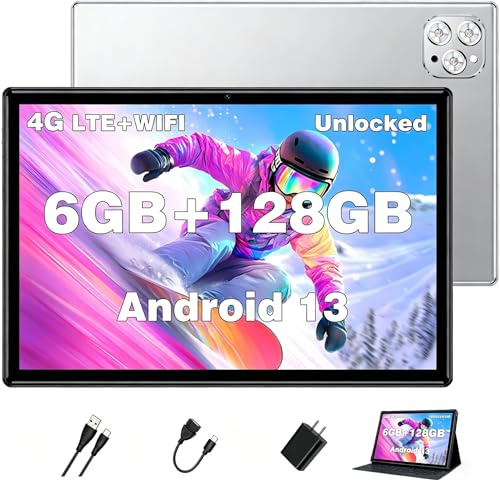 Tablet Android Tablets 10 Inch, Octa-Core Android 13 Unlocked with SIM Card Slot, 128GB ROM+6GB RAM, 5MP+13MP Camera/5G WIFI GPS/BT/6000mAh/1280*800 IPS Screen/Cellular Tablet with Case(Silver)