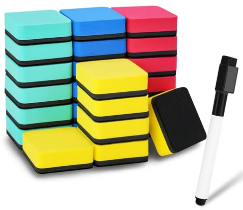 25PCS Colourful Magnetic Whiteboard Eraser Set, IBEQUEM Dry Erase Whiteboard Cleaner with Thick Felt Pad, Sponge Eraser for Office, School Classroom, Home Note Taking (1.97 * 1.97 * 0.79in)