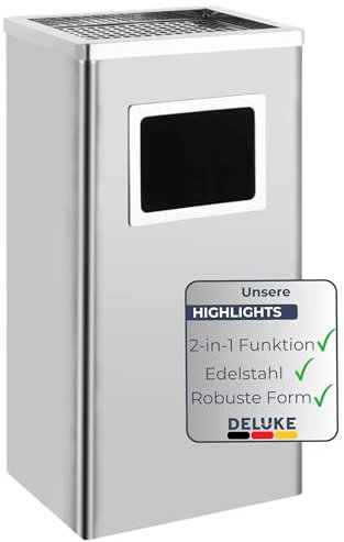 DELUKE® Standaschenbecher für Draußen 45L - Edelstahl 30x24x61cm | Mülleimer mit Aschenbecher Abfalleimer mit Inneneimer Standascher Outdoor, Silber