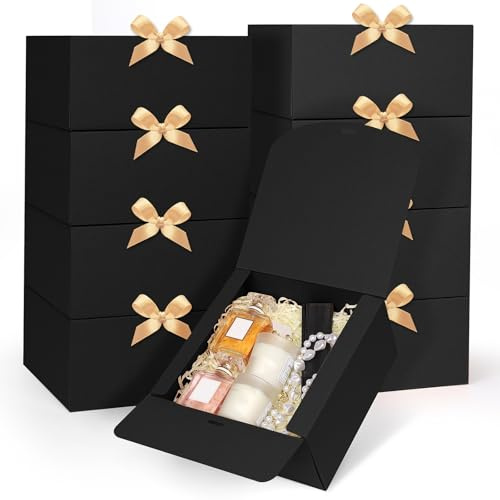 GXFCING 12 Stück Geschenkboxen, 20 x 20 x 10cm Geschenkbox mit Deckel, Große Quadratischer Geschenkkarton mit Gold Satinband für Hochzeit Geburtstag Weihnachten Party Geschenke Verpackung (Schwarz)