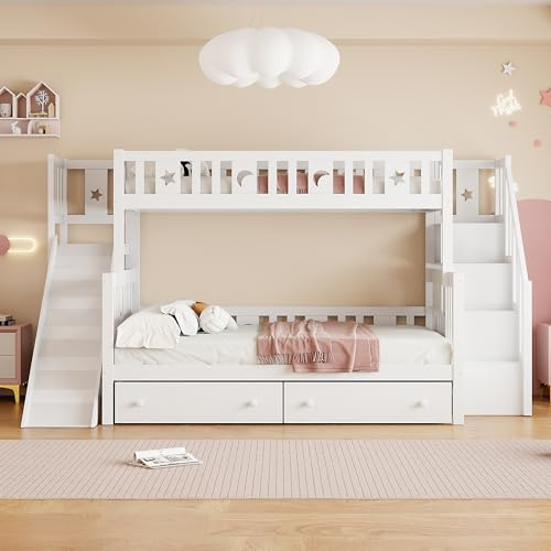 Idemon Lettino 90 x 200/140 x 200 cm, letto a castello in legno massello con scivolo e ripiano con gradini di sicurezza, due grandi cassetti e rete a doghe, bianco