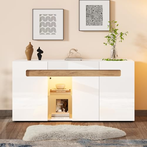 Oxtao Moderno armario de comedor de tres puertas, iluminación ambiental, armario de salón con control de aplicación, muebles de salón de alto brillo, blanco con estantes de cristal