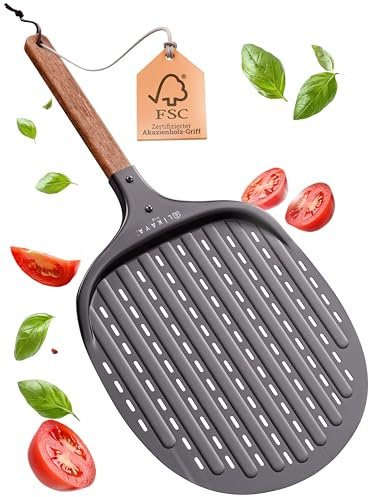 LIKAYA Pizzaschieber [32 x 32 x 62cm] Pizzaschaufel aus schwarzem Aluminium & Griff aus FSC-Akazienholz – Kein Ankleben dank Antihaftbeschichtung – für Pizzaofen & Pizzastein