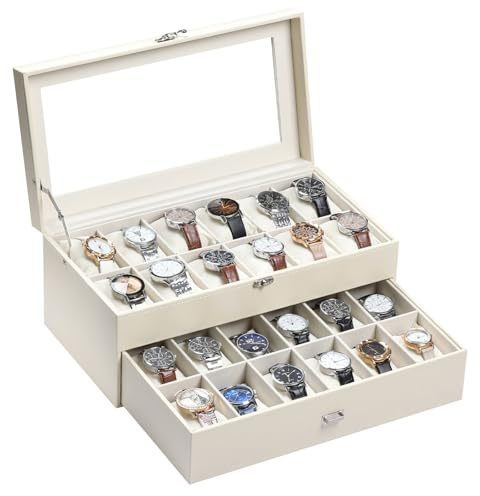 AUTOARK Leather & Velvet 24 Watch Box Glass Top Jewelry Display Drawer Lockable Case Organizer,Removable Beige Watch Pillows,Beige,MKAW036