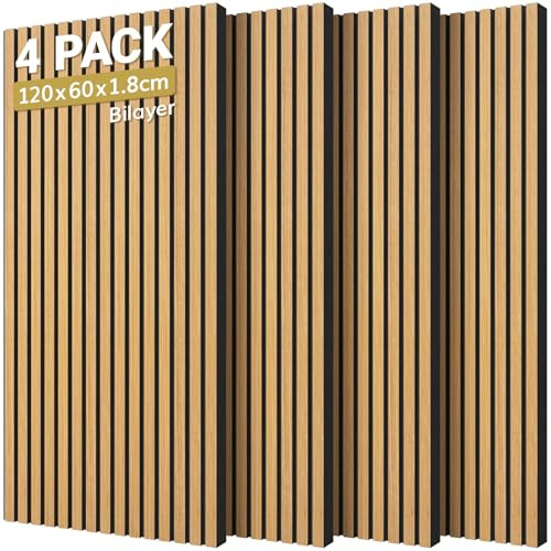 TONOR Holzfurnier Akustikpaneele selbstklebend,2,88m²-4 Stück 120x60x1,9cm 3D Wandpaneele Holzoptik, Akustik paneele für Akustische Behandlung und Wanddekoration, Wohnzimmer, Büro, Teak