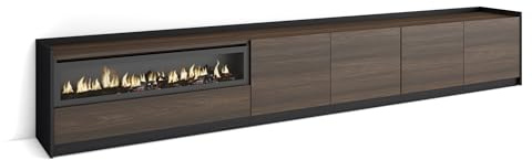 Skraut Home | Mueble TV | Televisión | Muebles de salón, almacenaje | 310x50x37 cm | para TV hasta 80 | Chimenea eléctrica | Estilo Moderno | Roble Oscuro y Negro