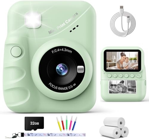TIATUA Appareil Photo Instantané Enfant, Écran 3,0 48MP 1080P HD, Vert | Avec Carte 32Go & 3 Rouleaux, Impression Sans Encre, Selfie, Zoom 16x, MP3, Cadeau pour Garçons & Filles de 3 à 12 Ans