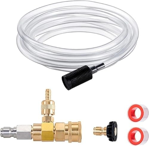 Kit de inyector químico para lavadora de alta presión, dispensador de jabón ajustable de 4000 PSI con boquilla de jabón negro de 1/4 pulgada y cinta de teflón, manguera de sifón de 16 pies, conexión
