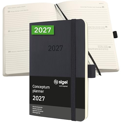 SIGEL C2723 Wochenplaner Wochenkalender 2027, ca. A6, schwarz, Softcover, 176 Seiten, Gummiband, Stiftschlaufe, Archivtasche, aus nachhaltigem Papier, Kalenderbuch Conceptum