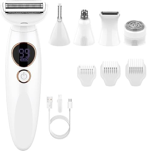 Rasoir Elios Femme 5 En 1, Rasoirs Électriques Femme, Epilateur Electrique avec Affichage LED, IPX7 Étanche Pour Bikini, Aisselles, Jambes, Ne
