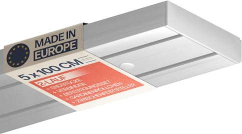 Bestlivings Gardinskena, 2 löpare 500 cm (5 x 100 cm), gardinskena, komplett uppsättning av PVC inkl. tillbehör och monteringsmaterial, takmontering för gardiner och gardiner