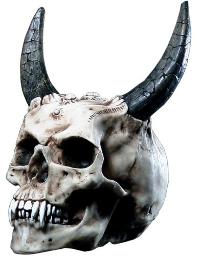 Markus Mayer Totenkopf Teufelsschädel mit Hörnern Teufelsfigur aus Kunststoff Polyresin, Rot, Gothic, Halloween, SCULPTURE, Tischplatte