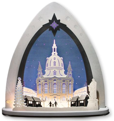 weigla - LED Lichterspitze original Erzgebirge I Motiv Dresdner Frauenkirche I LED Lichterbogen Weihnachten I Größe 52 x 53,5 x 9 cm I beleuchtete Weihnachtsdeko innen I aus Holz