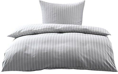Bettwaesche-mit-Stil Mako Satin Damast Streifen Wendebettwäsche Santiago gestreift (Silber - grau, 155cm x 220cm + 80cm x 80cm)