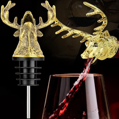 MINGZE Cabeza de Ciervo Vertedor de Vino, Aleación de Zinc Tapones de Botellas Stag Wine Bottle Stopper Pourer Tapón Herramientas de la Barra únicos (Dorado)