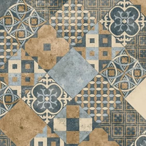 Sol PVC Sous Couche Textile - Carreaux Art Déco - Terre de Sienne et Bleu Gris (3m x 6m)