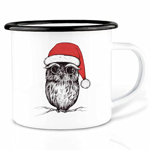 Ligarti Emaille Tasse (leicht & robust) | Camping Becher handveredelt in Deutschland | Teetasse für Weihnachten, Kaffeetasse, Emaillebecher | Weihnachten (Weihnachtseule, 300ml)