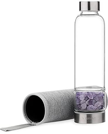 Navaris Wasserflasche mit Amethyst und Neoprenhülle 420ml - Edelsteine Trinkflasche mit Hülle - Kristall Flasche Glasflasche Wasser