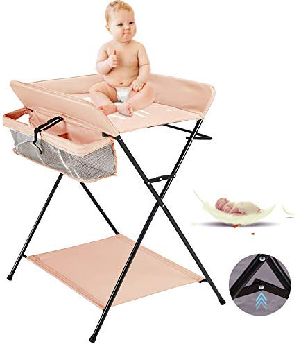 Fetcoi Wickeltisch Klappbar mit Sicherheitsgurt 80x63cm, 33 lbs Tragkraft & Stauraum - Mobile Wickelkommode aus Oxford-Stoff & Eisen für Babys 0-12 Monate (Khaki)