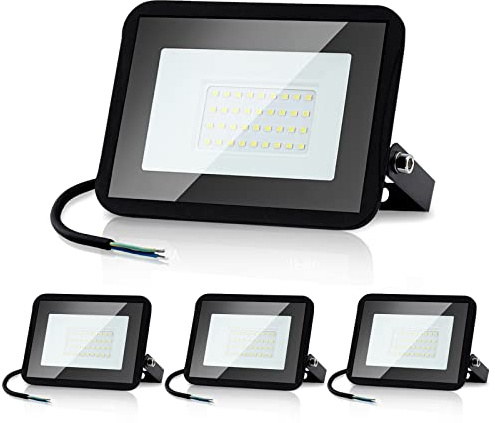 Randaco 30W Focos LED Exterior Luz Cálido, 2550LM Foco Proyector LED IP66 Impermeable 3500K Blanco Cálido, Proyector LED Exterior para Terraza Patio Parque Almacén, 4 Pack(Sin Enchufe)