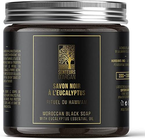 Gommage corps au savon noir hammam à L’EUCALYPTUS 100 % naturel, gommage corps à l'eucalyptus, savon noir du Maroc exfoliant naturel- élimine les peaux mortes et purifie la peau - 200G