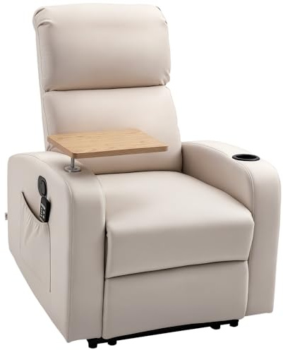 HOMCOM Fauteuil de Relaxation Fauteuil de Massage inclinable avec Tablette, Poches latérales et Télécommande Chaise TV pour Salon et Chambre, Tissu en Microfibre Beige