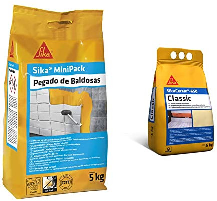 Sika MiniPack Pegado de baldosas, Gris, Adesivo cementoso semiflexible + Junta mineral porcelánica, Lechada de cemento coloreada para relleno de juntas de 1-6 mm
