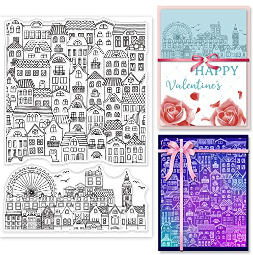 GLOBLELAND Haus Hintergrund Klare Briefmarken für DIY Scrapbooking Dekor Riesenrad Transparente Silikonstempel für Die Herstellung von Karten Fotoalbum Dekoration