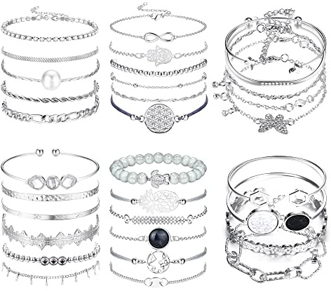 LOLIAS 32 PCS Boho Gold Chain Bracelet Femmes Plusieurs Couches Empilable Open Cuff Wrap Bracelet Argent Réglable Fashion Paperclip Cuban Beaded Bracelets Set Bijoux Cadeau Fille